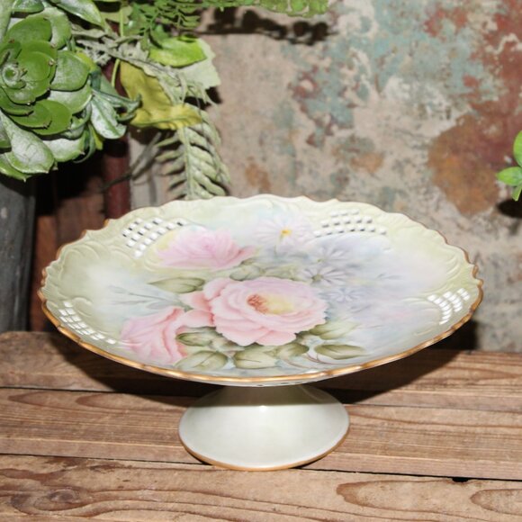 VTG Shabby Chic French Gold Trimmed Pink Floral Cake Plate Pastry Stand Riser - Picture 1 of 8